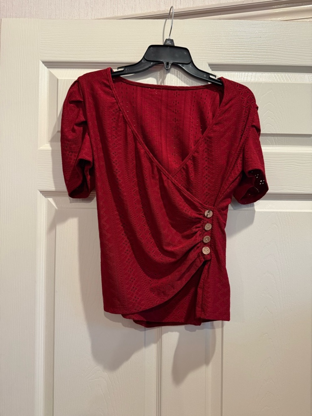 Women’s Red Faux-Wrap Button Accent Blouse